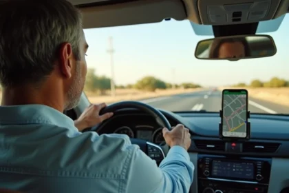 Conducteur tunisien sur l'autoroute entre Monastir et Tunis tenant le volant d'une voiture moderne avec navigation GPS