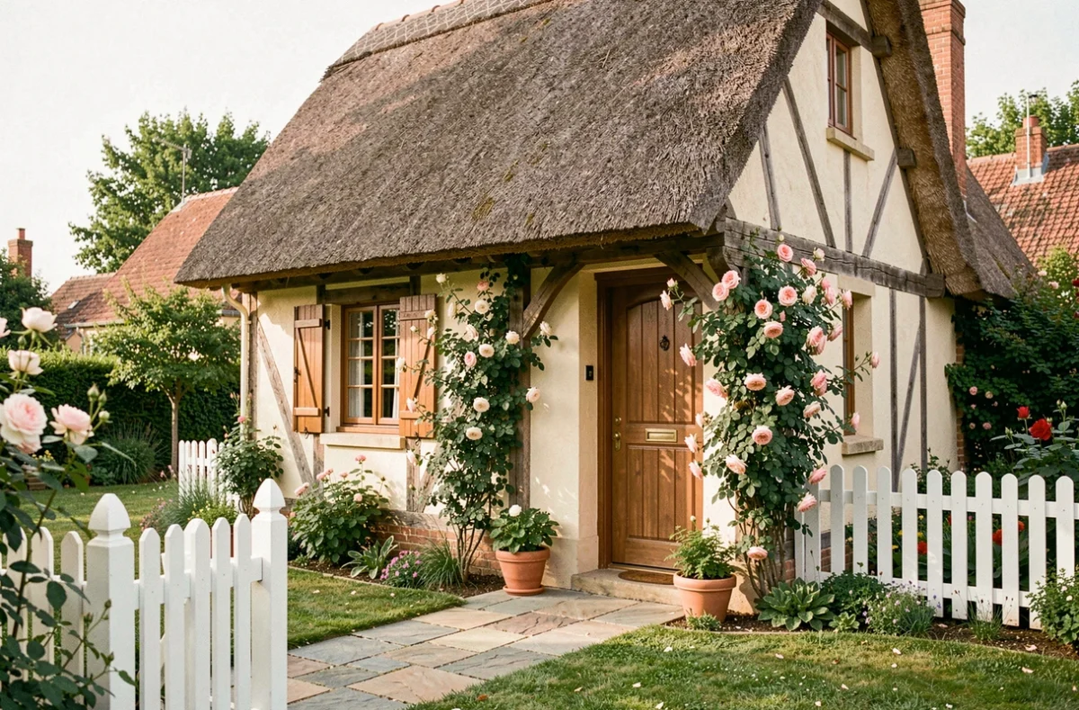 Le Cottage chambres d'hôtes à Bures-sur-Yvette, maison à colombages style anglais avec roses grimpantes, clôture blanche et allée en pierre