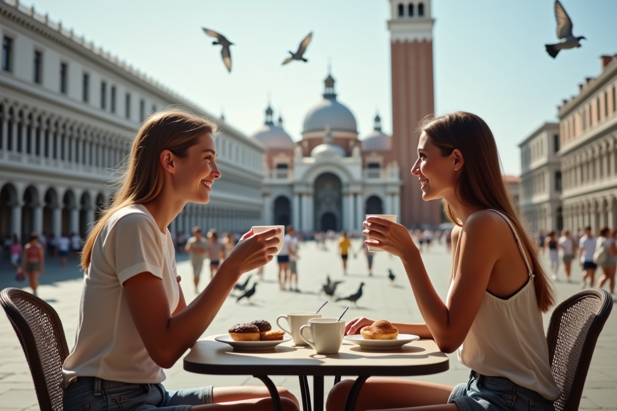 Jeune couple au café Piazza San Marco à Venise