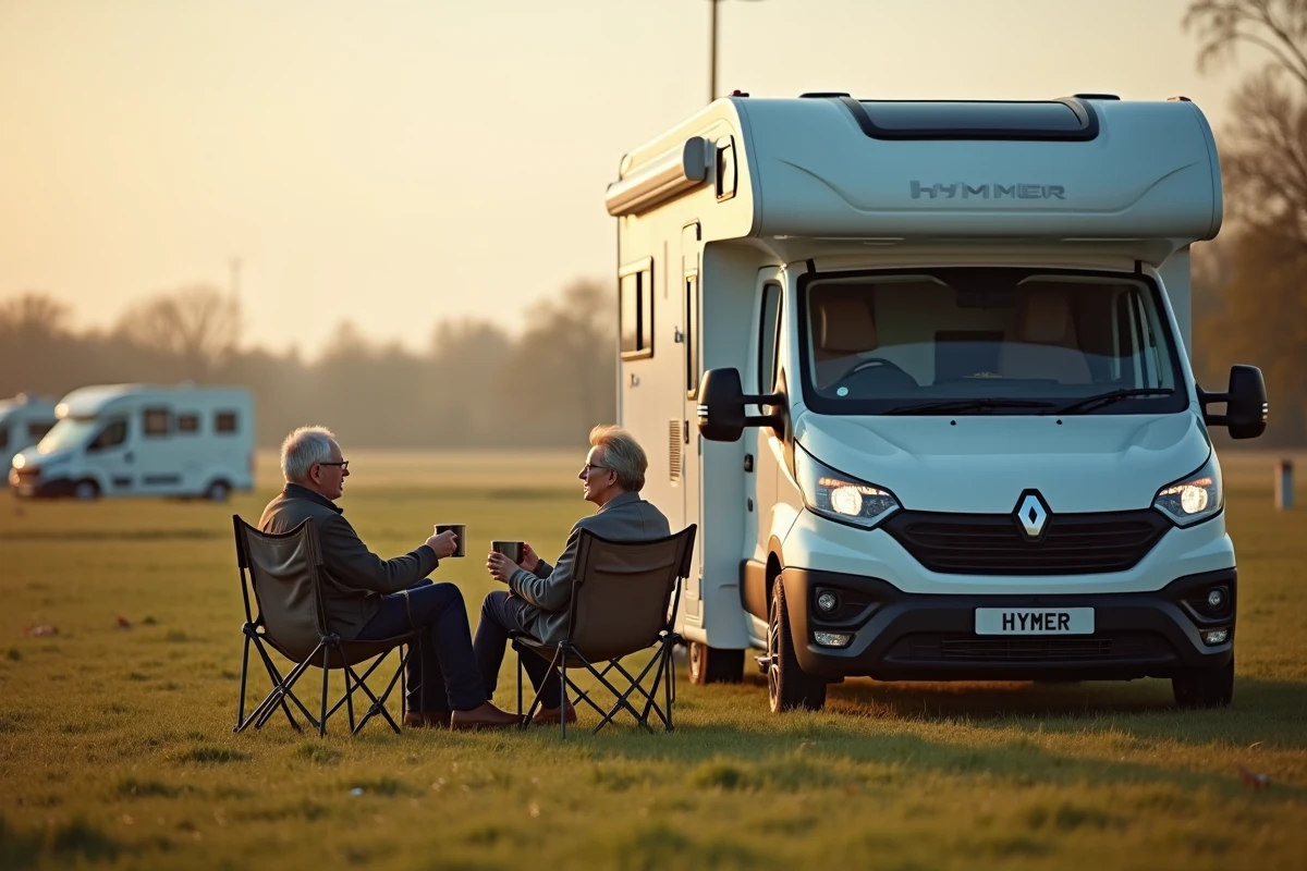 Couple de voyageurs en camping-car Hymmer assis devant leur véhicule dans un camping verdoyant