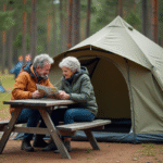 Couple d'adultes lisant une brochure de camping en plein air