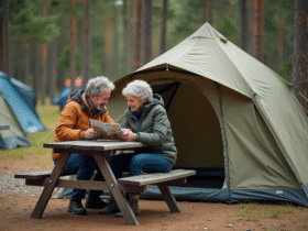Couple d'adultes lisant une brochure de camping en plein air