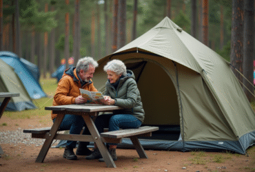 Couple d'adultes lisant une brochure de camping en plein air