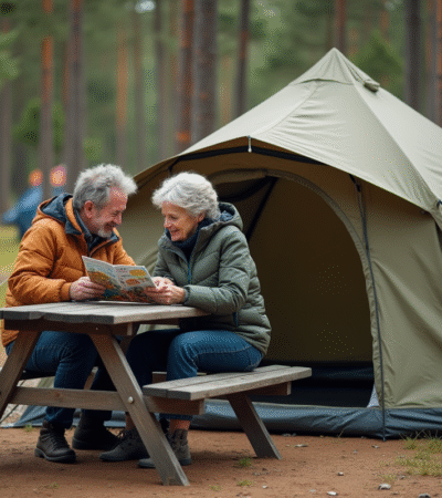 Couple d'adultes lisant une brochure de camping en plein air