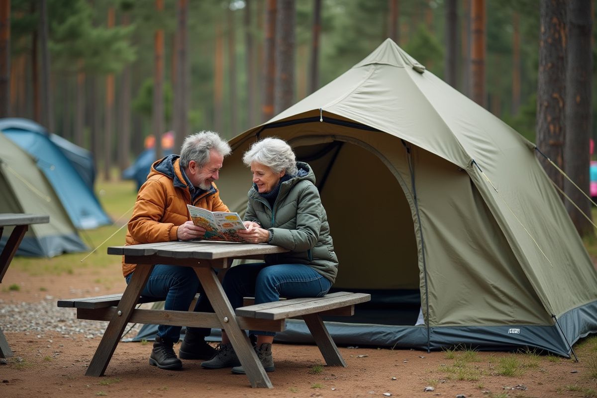 Couple d'adultes lisant une brochure de camping en plein air