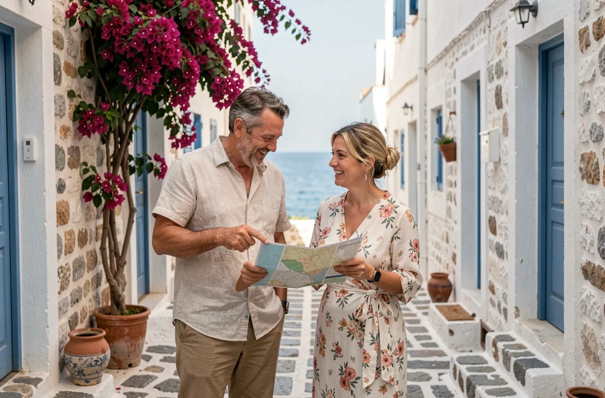 Couple consultant une carte dans une ruelle d'un village grec lors d'une escale de croisière