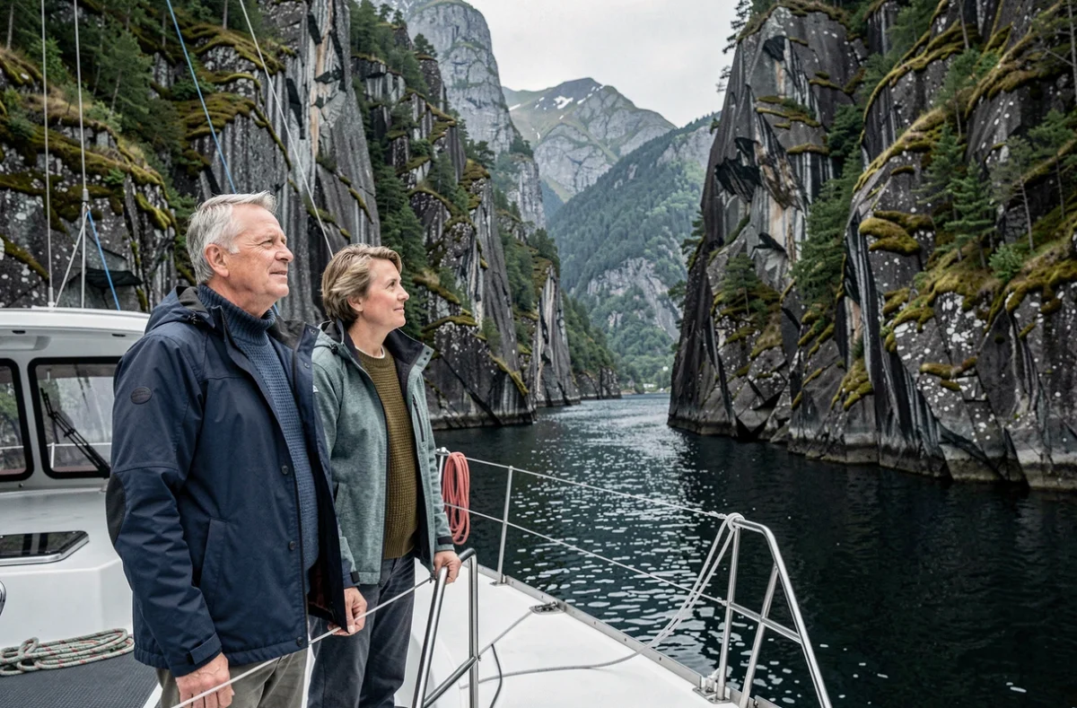 Couple en pull de laine à la proue d'un petit catamaran naviguant dans un fjord norvégien aux falaises majestueuses