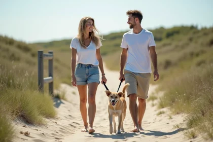 Jeune couple souriant avec chien sur la plage de Pinedepie