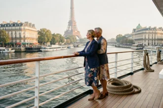 Couple de Parisiens sur le pont d'un bateau de croisière fluviale sur la Seine avec vue sur la Tour Eiffel