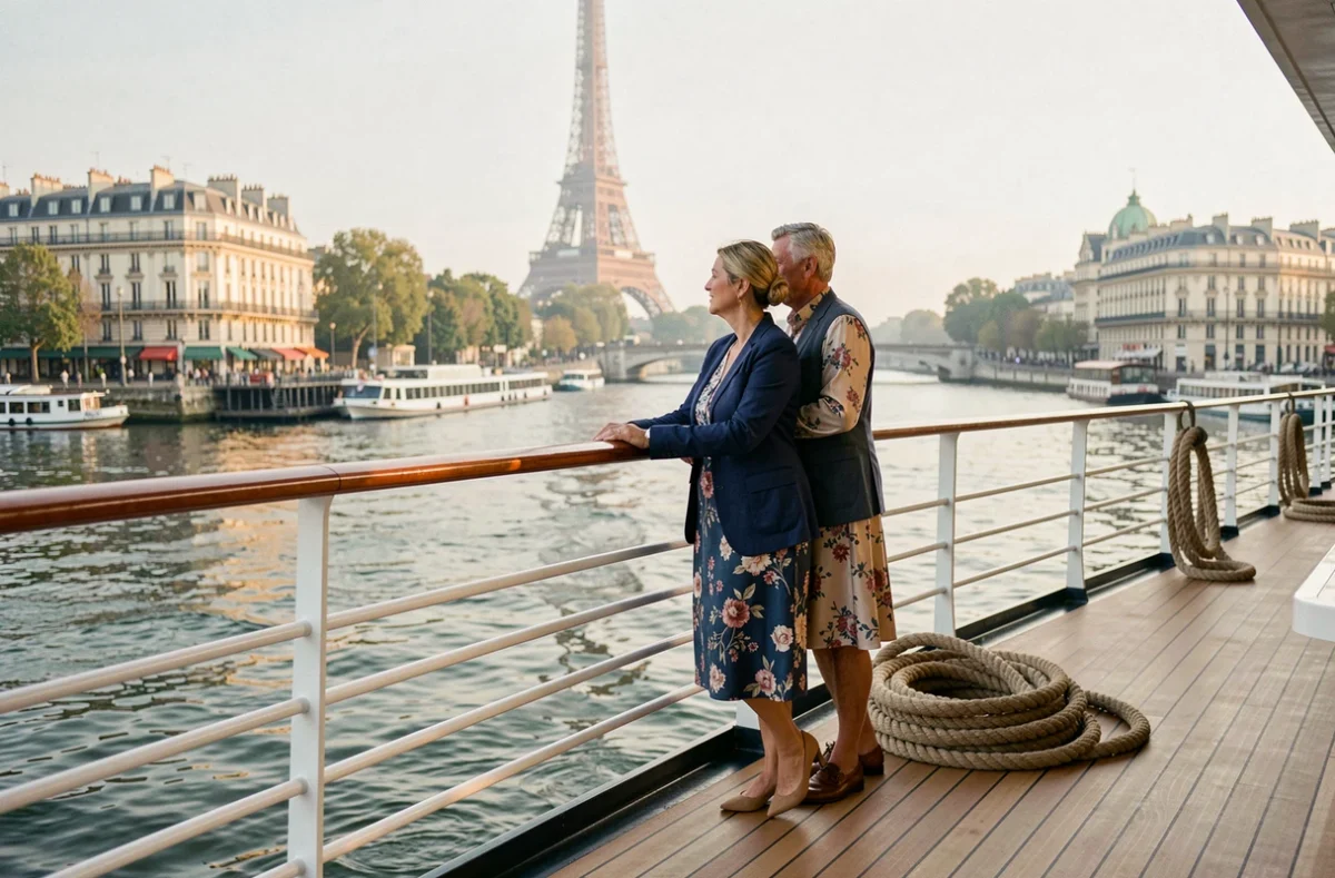 Couple de Parisiens sur le pont d'un bateau de croisière fluviale sur la Seine avec vue sur la Tour Eiffel