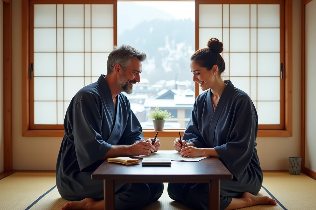Couple de voyageurs français en yukata planifiant leur séjour dans un ryokan traditionnel de Nozawa Onsen avec vue sur les montagnes enneigées