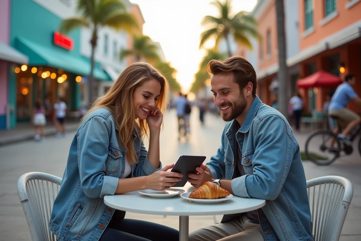 Couple planifiant leur itinéraire de city trip aux États-Unis dans un café en plein air à Miami