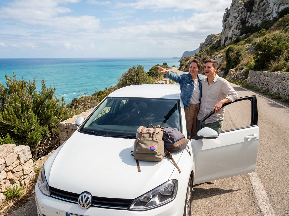 Couple LGBTQ+ en road trip devant une voiture garée sur une route côtière méditerranéenne