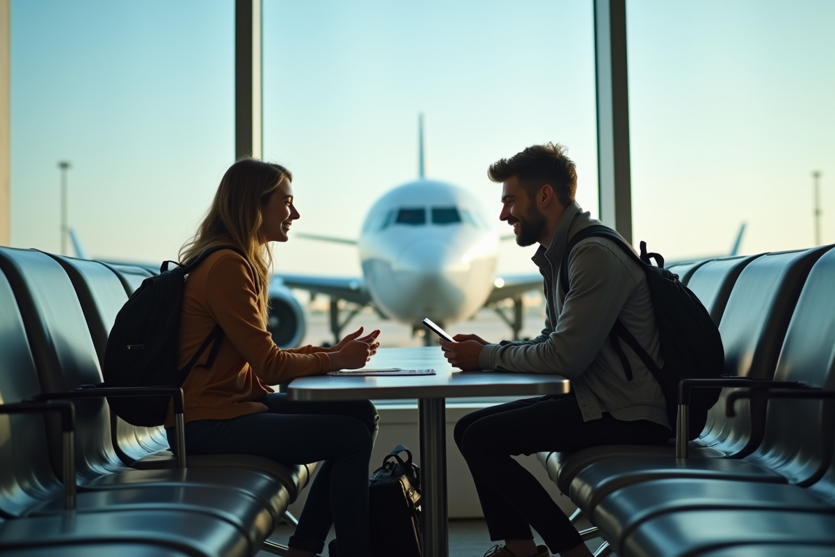 Jeune couple riant dans un lounge d