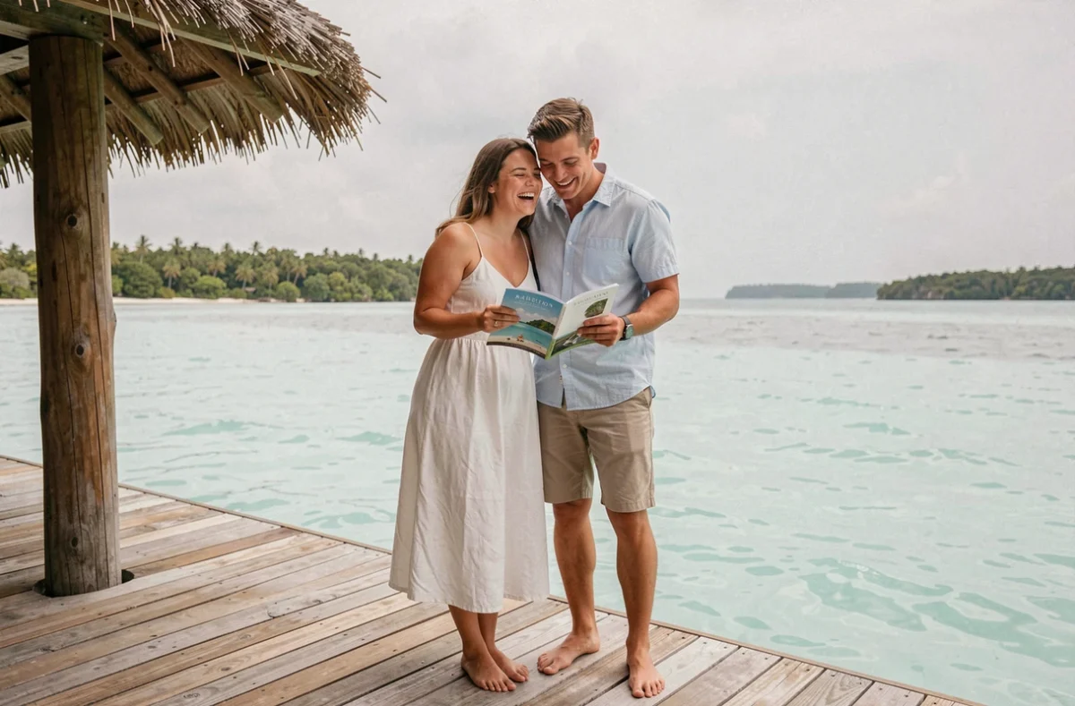 Couple en lune de miel lisant une brochure de voyage sur la terrasse d'un bungalow sur pilotis dans un lagon turquoise