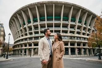 Couple souriant devant la facade du Parc des Princes à Paris lors d'une escapade foot romantique