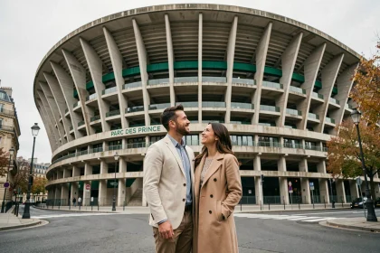 Couple souriant devant la facade du Parc des Princes à Paris lors d'une escapade foot romantique