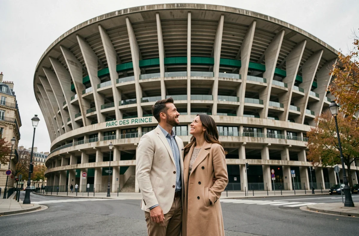 Couple souriant devant la facade du Parc des Princes à Paris lors d'une escapade foot romantique