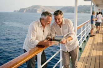 Couple sur le pont d'un bateau de croisière Aida consultant une brochure d'excursions en mer Méditerranée