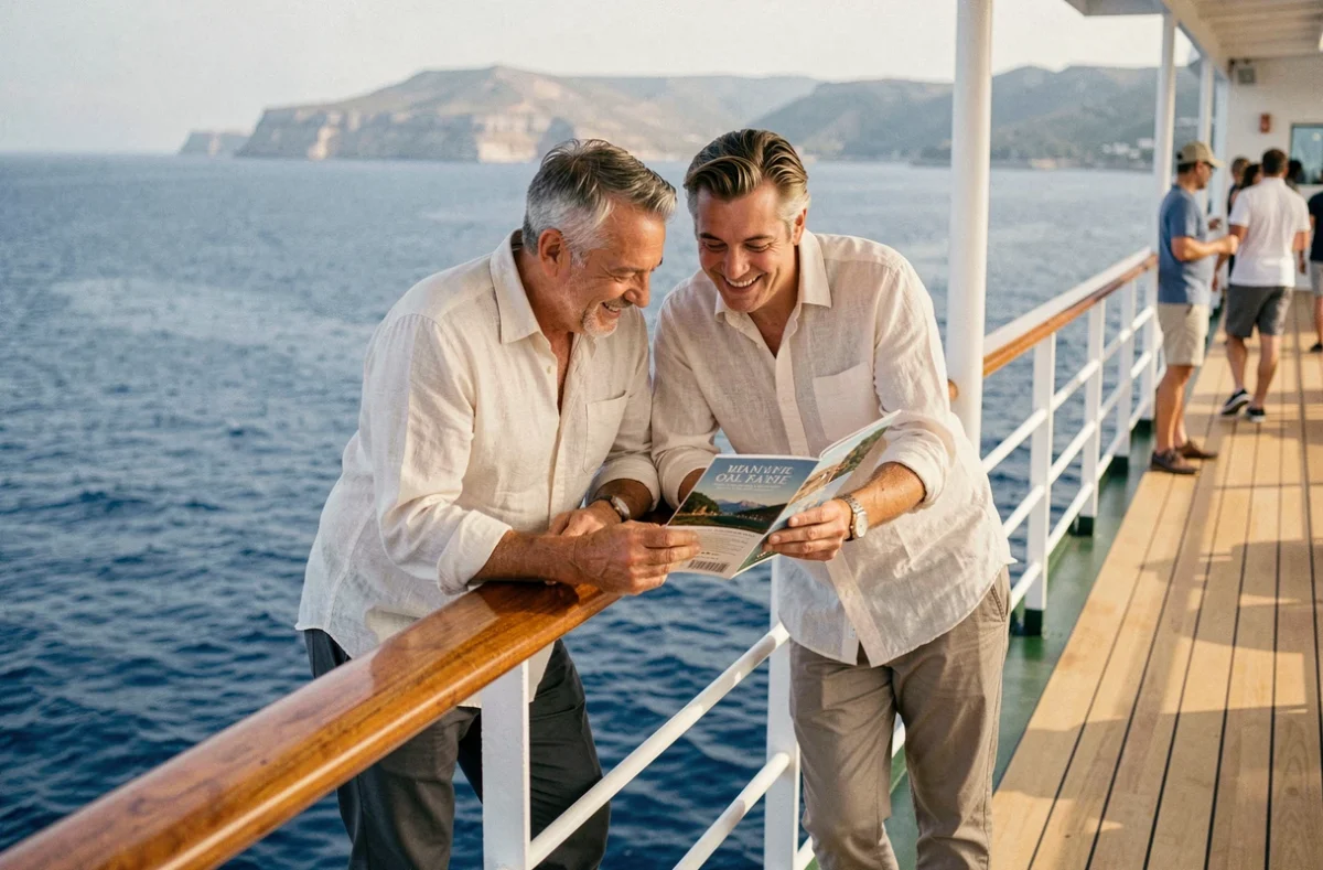 Couple sur le pont d'un bateau de croisière Aida consultant une brochure d'excursions en mer Méditerranée