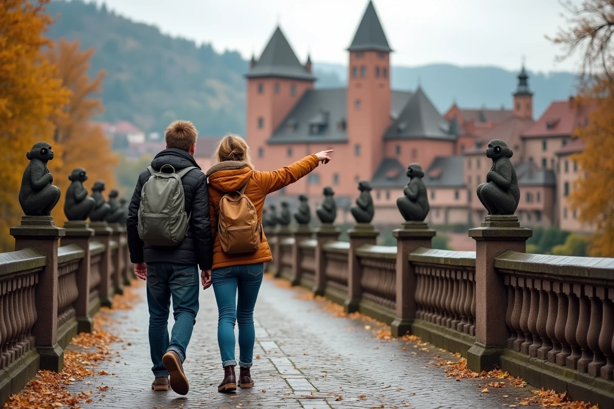 Couple de touristes sur le pont Karl Theodor à Heidelberg avec le château historique en arrière-plan lors d'une escapade depuis Paris