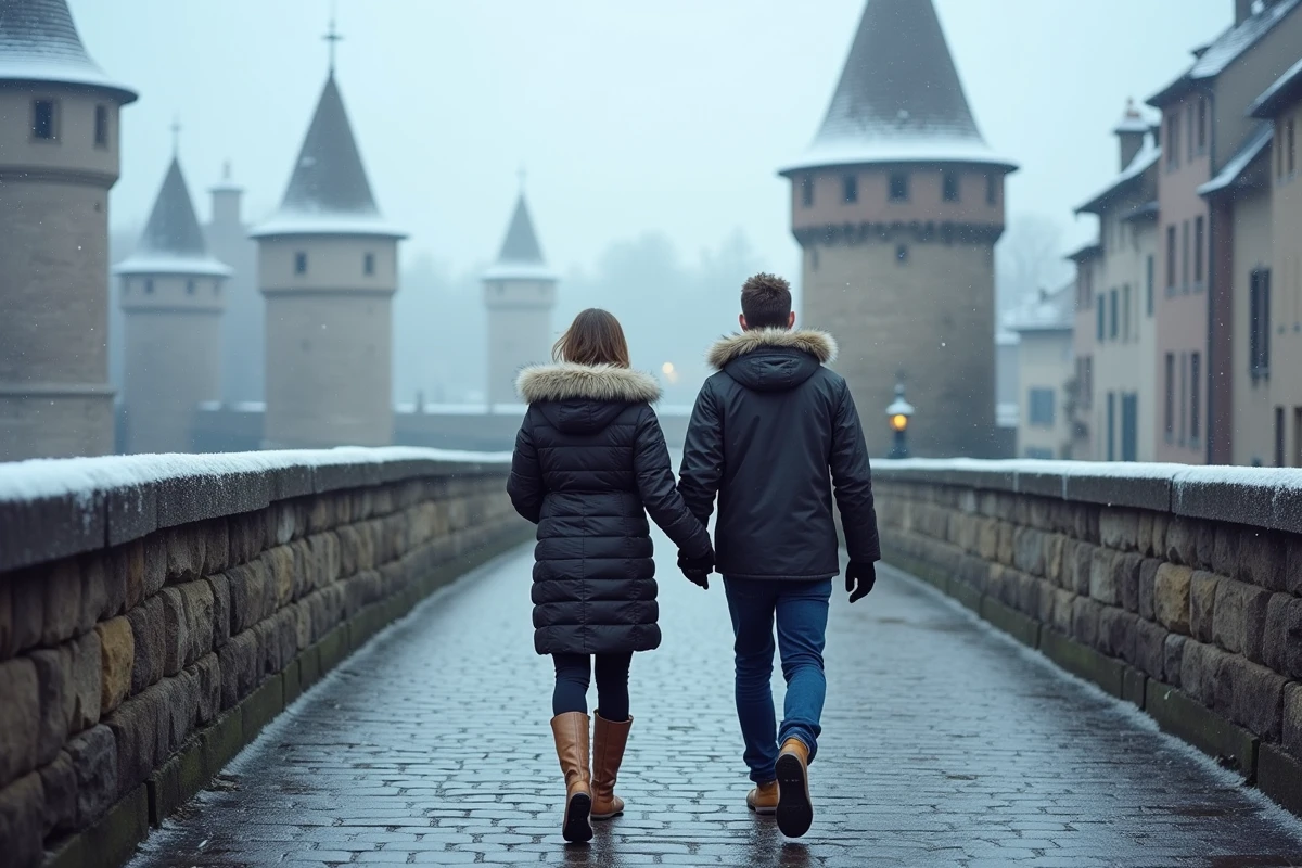 Couple se promenant à pied sur les Ponts Couverts de Strasbourg en hiver sans voiture