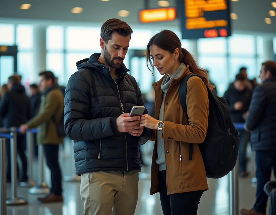 Couple à la porte d'embarquement d'un aéroport vérifiant les billets pour un vol Volotea