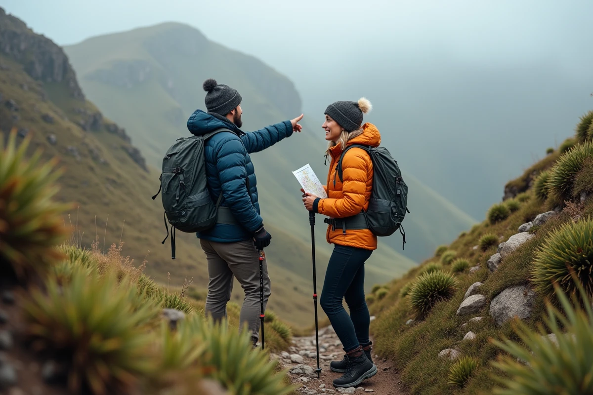 Couple de randonneurs consultant une carte sur le sentier du Kilimandjaro entouré de végétation alpine