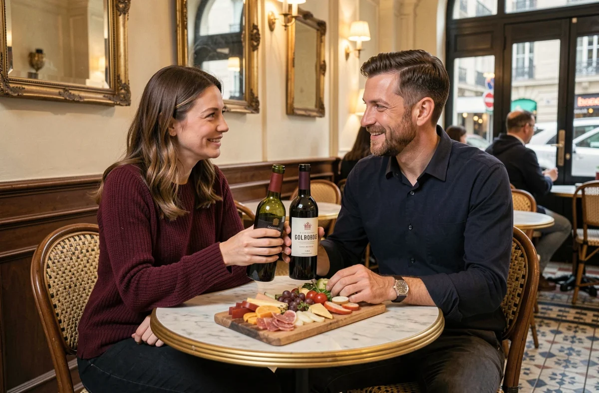 Couple en escapade romantique partageant un repas dans un bistro parisien près du Parc des Princes