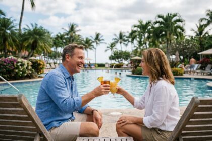 Couple souriant profitant d un resort tropical
