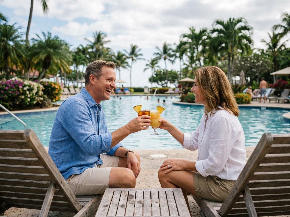 Couple souriant profitant d un resort tropical
