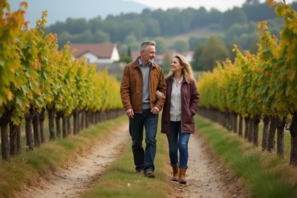 Couple marche dans un vignoble alsacien en automne