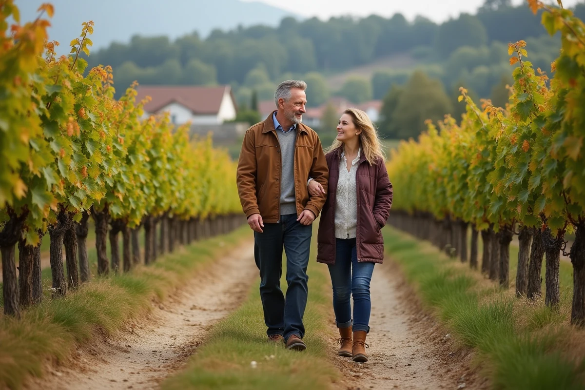 Couple marche dans un vignoble alsacien en automne