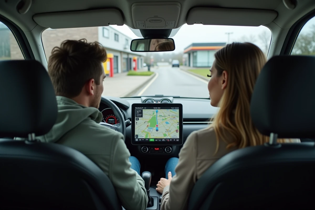 Couple dans une voiture consultant l'écran GPS avec application Mappy pour choisir un itinéraire moins cher avant de partir