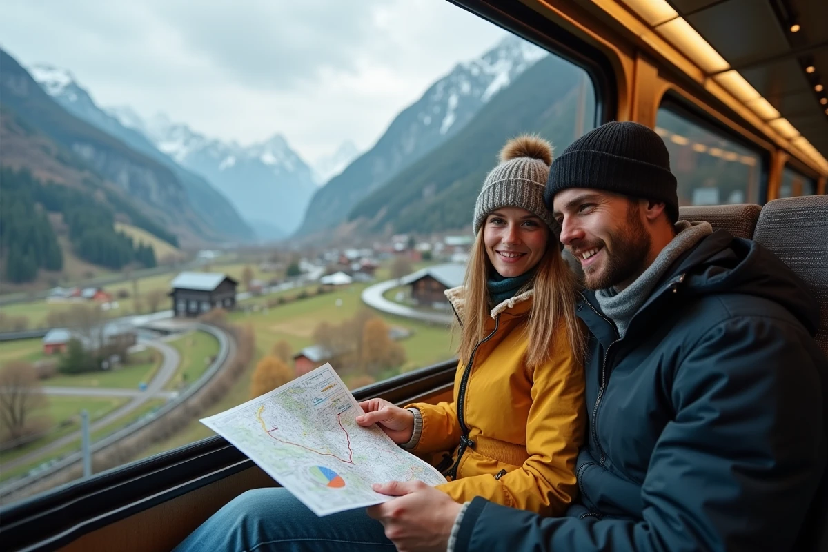 Jeune couple regardant la carte dans un train panoramique