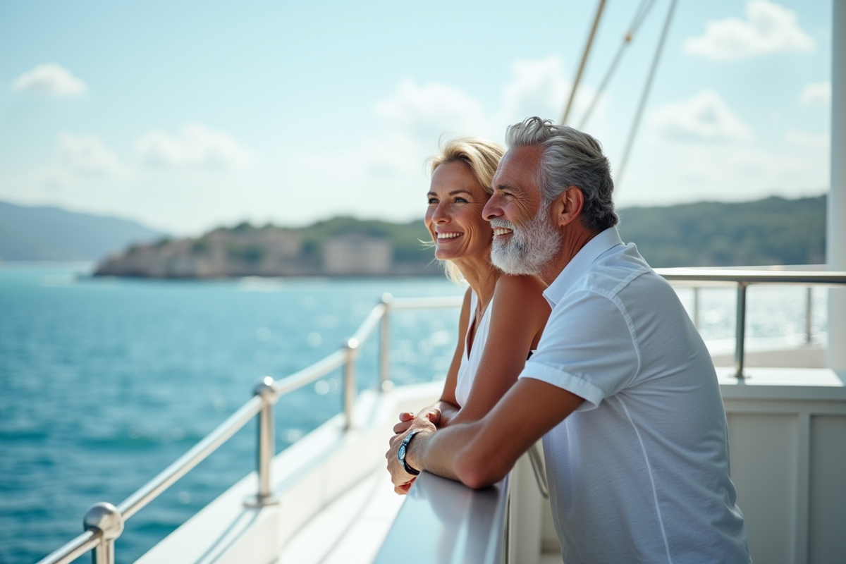Couple souriant en croisiere regardant la mer