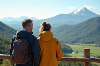 Couple en randonnée regardant le paysage auvergne