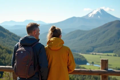 Couple en randonnée regardant le paysage auvergne