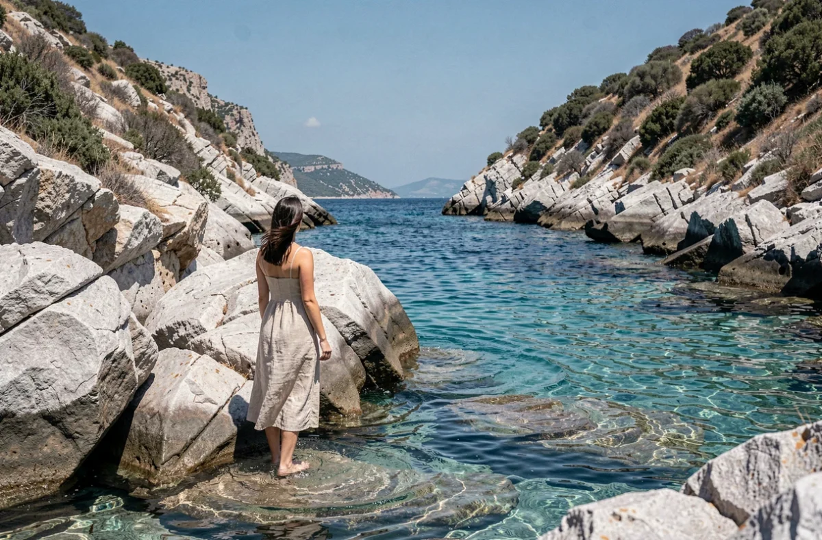 Crique rocheuse isolée et préservée de l'île de Kythira en Grèce sans foule de touristes, femme contemplant la mer Ionienne