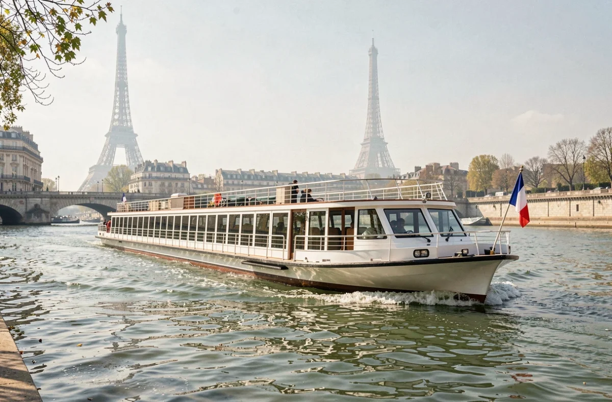 Bateau de croisière déjeuner naviguant sur la Seine avec la Tour Eiffel en arrière-plan