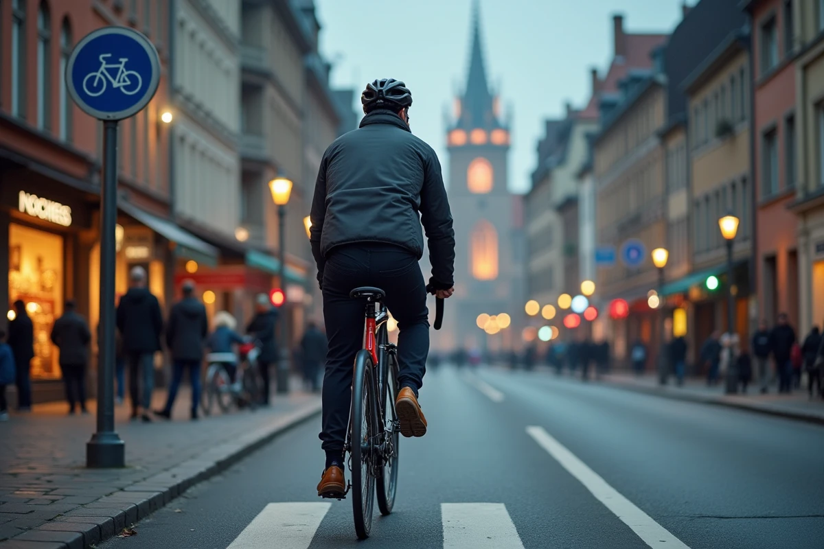 Cycliste sur une piste cyclable à Strasbourg avec la cathédrale en arrière-plan lors du Nouvel An