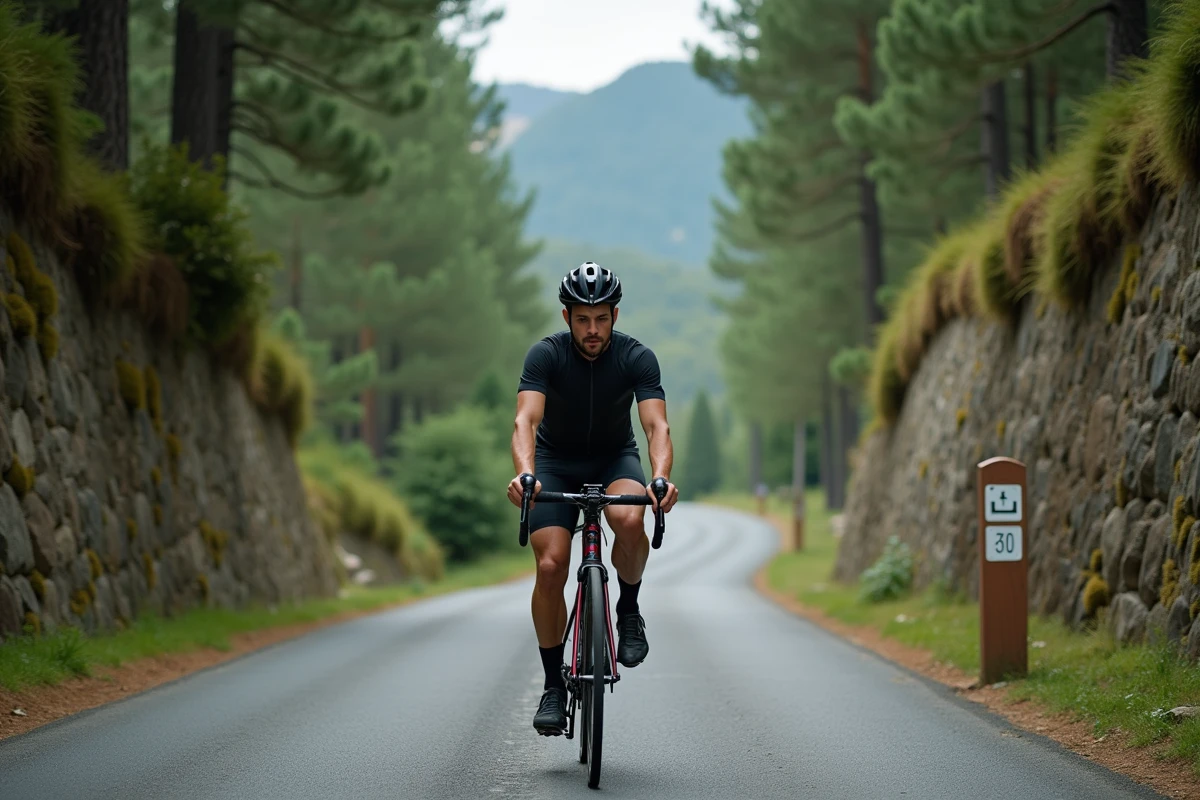 Cycliste solitaire pédalant sur une route forestière de l'intérieur corse entre Propriano et Ajaccio entouré de châtaigniers