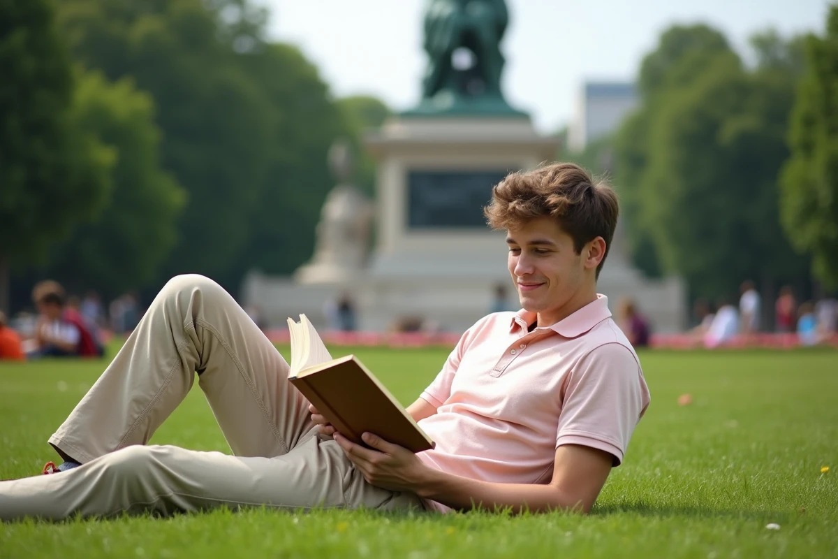 Jeune homme lisant dans le Burggarten de Vienne en été avec la statue de Mozart floue en arrière-plan