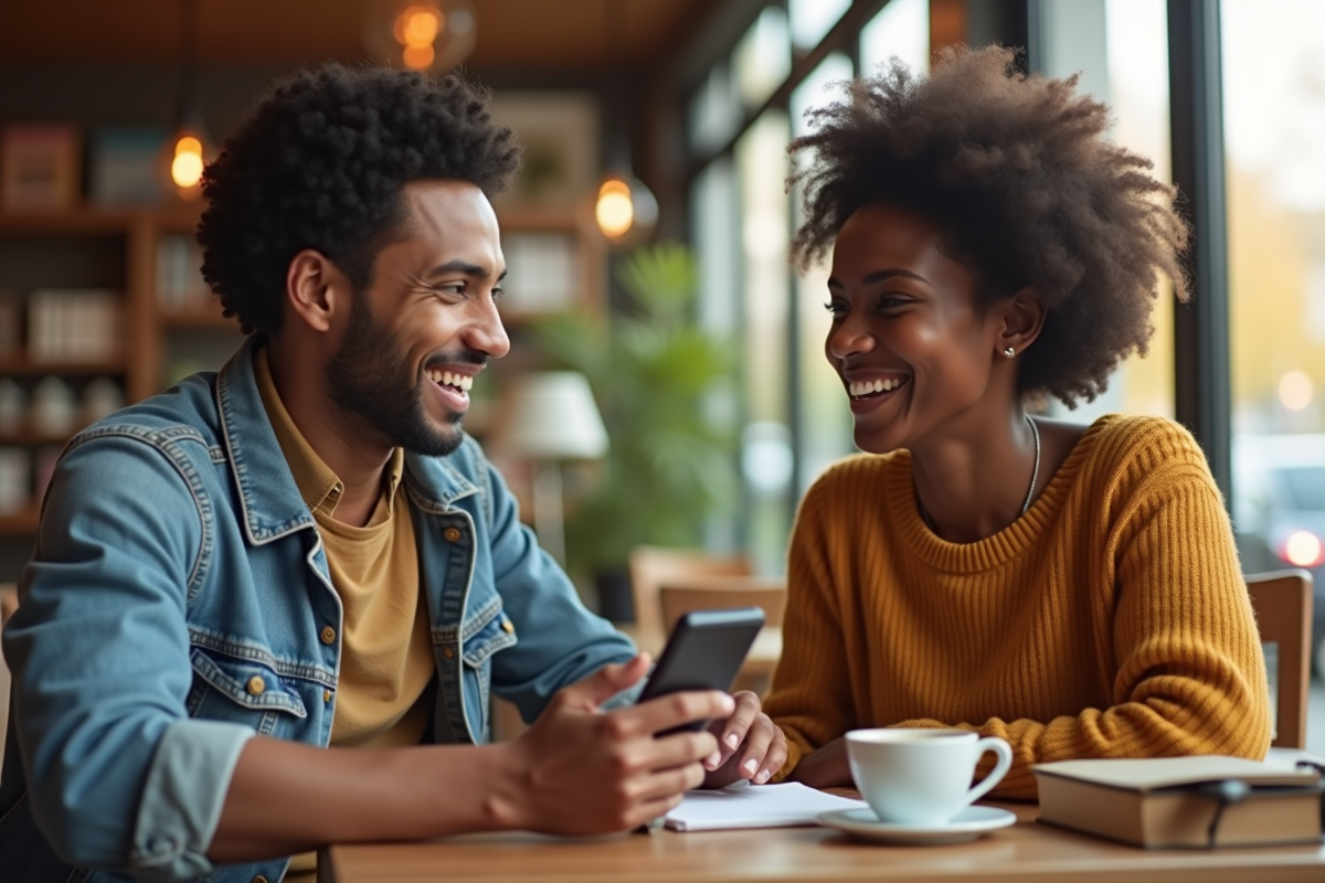 Deux personnes discutant joyeusement au café avec une application de langue