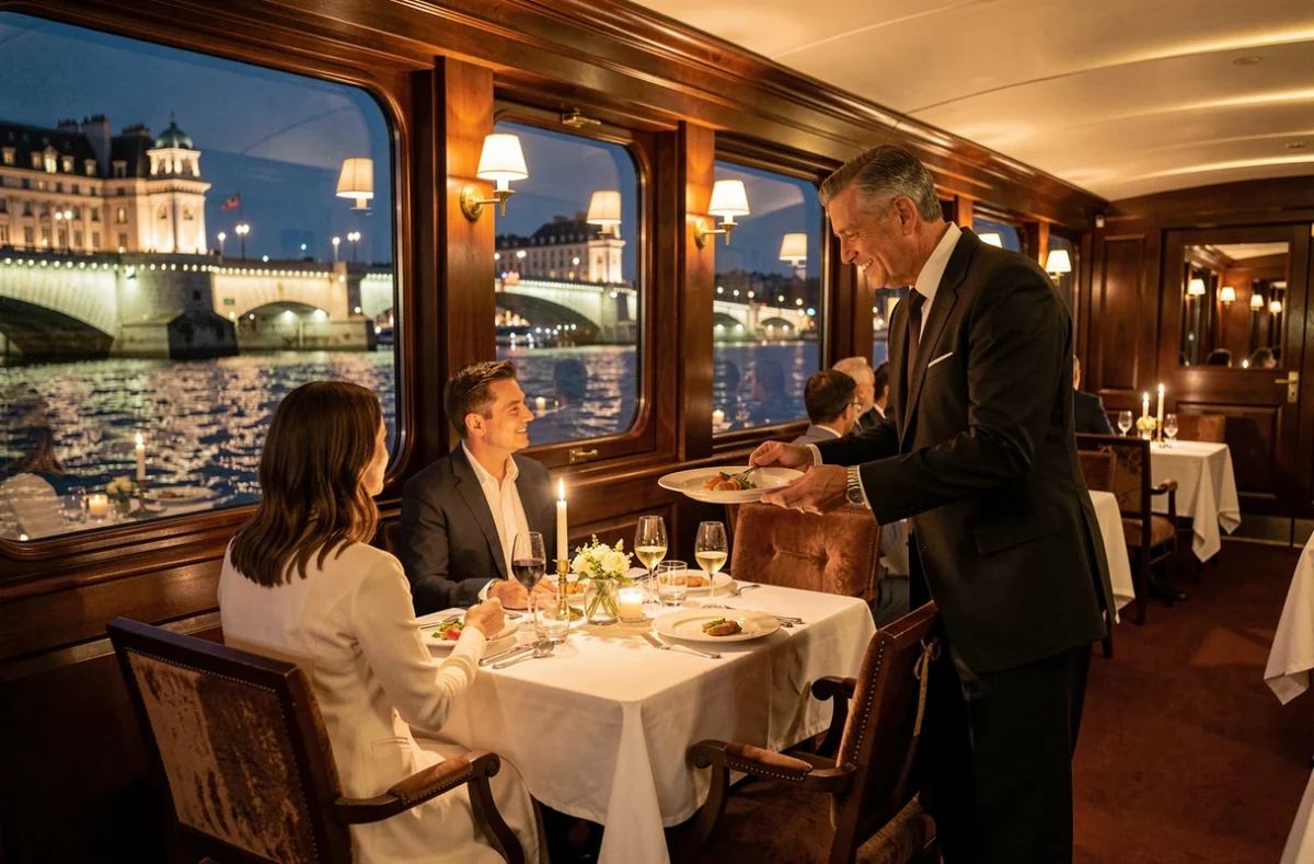 Salle de restaurant élégante d'un bateau de croisière parisien avec vue nocturne sur la Seine et le Pont Neuf