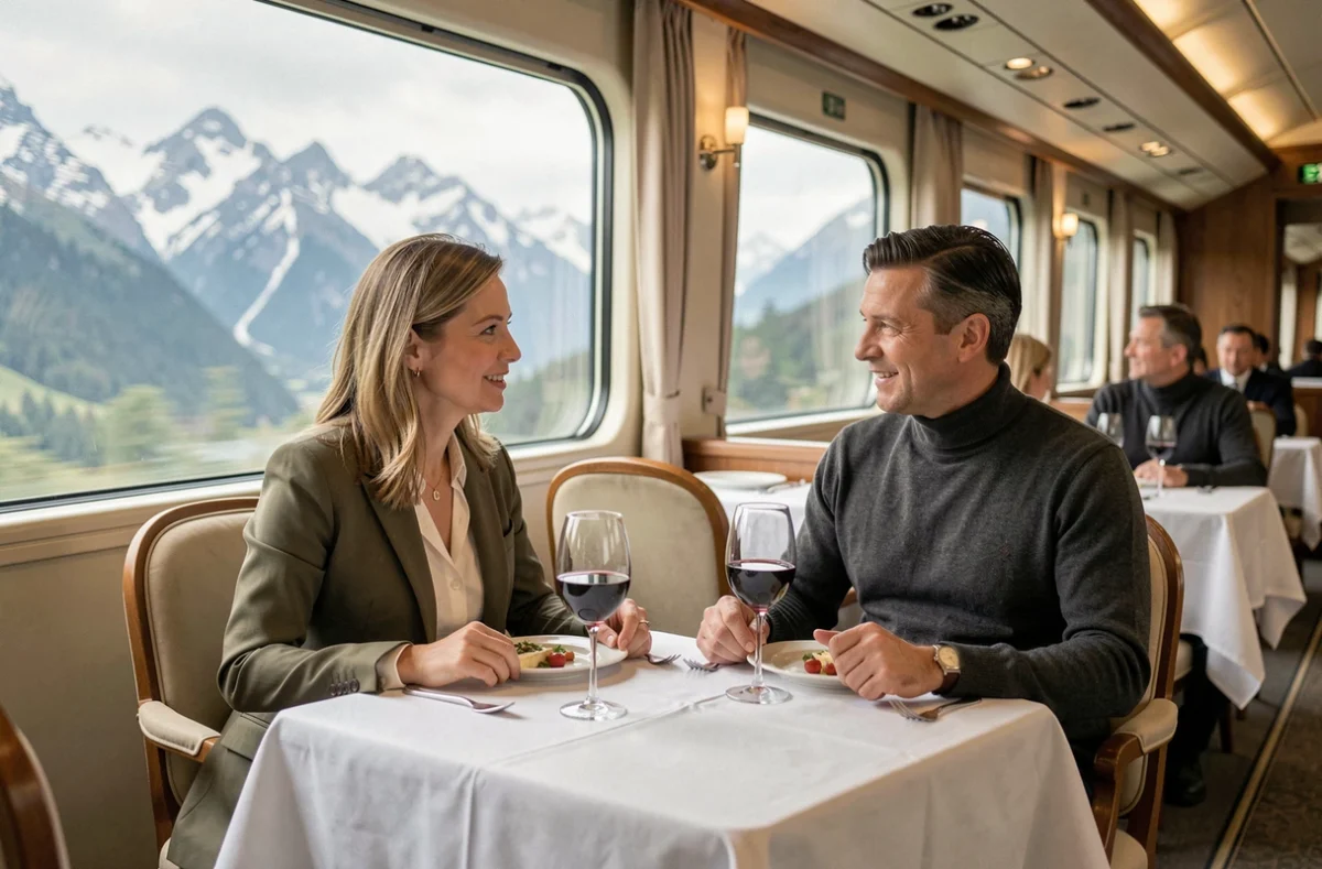 Couple élégant dînant dans le wagon-restaurant d'un train de luxe avec vue sur un paysage montagneux par les fenêtres panoramiques