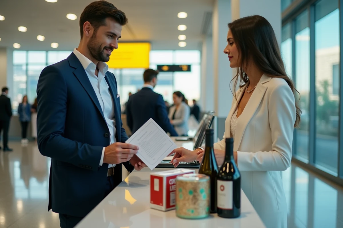 Couple déclarant des cartouches de cigarettes et bouteilles d'alcool à la douane d'un aéroport espagnol avant un mariage