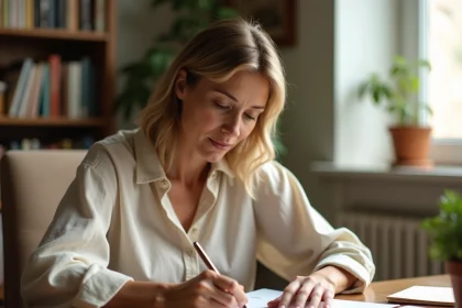 Femme écrivant un message de vacances à la main sur une carte postale, entourée de papeterie sur un bureau en bois