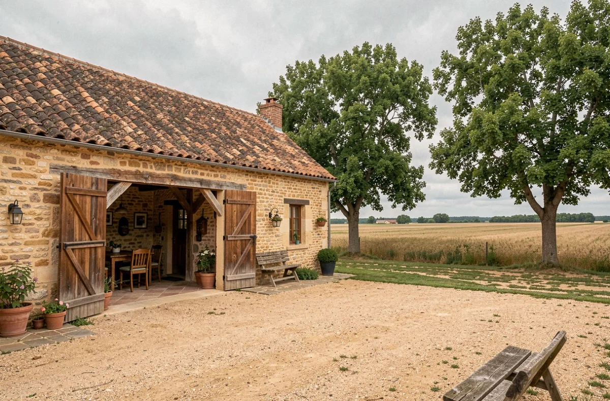L'Étape du Gatinais à Valpuiseaux, ferme en pierre du Gâtinais avec cour intérieure et champs environnants