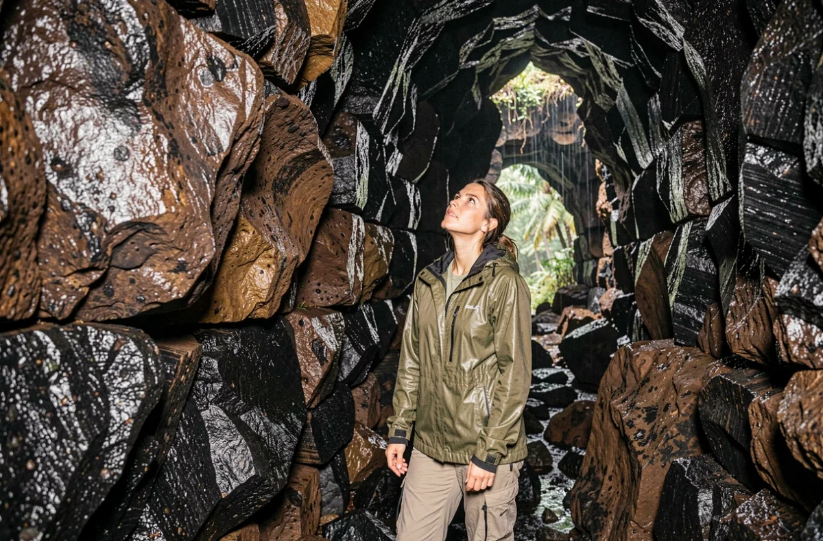 Femme explorant un tunnel de lave volcanique à La Réunion sous la pluie, activité géologique en intérieur